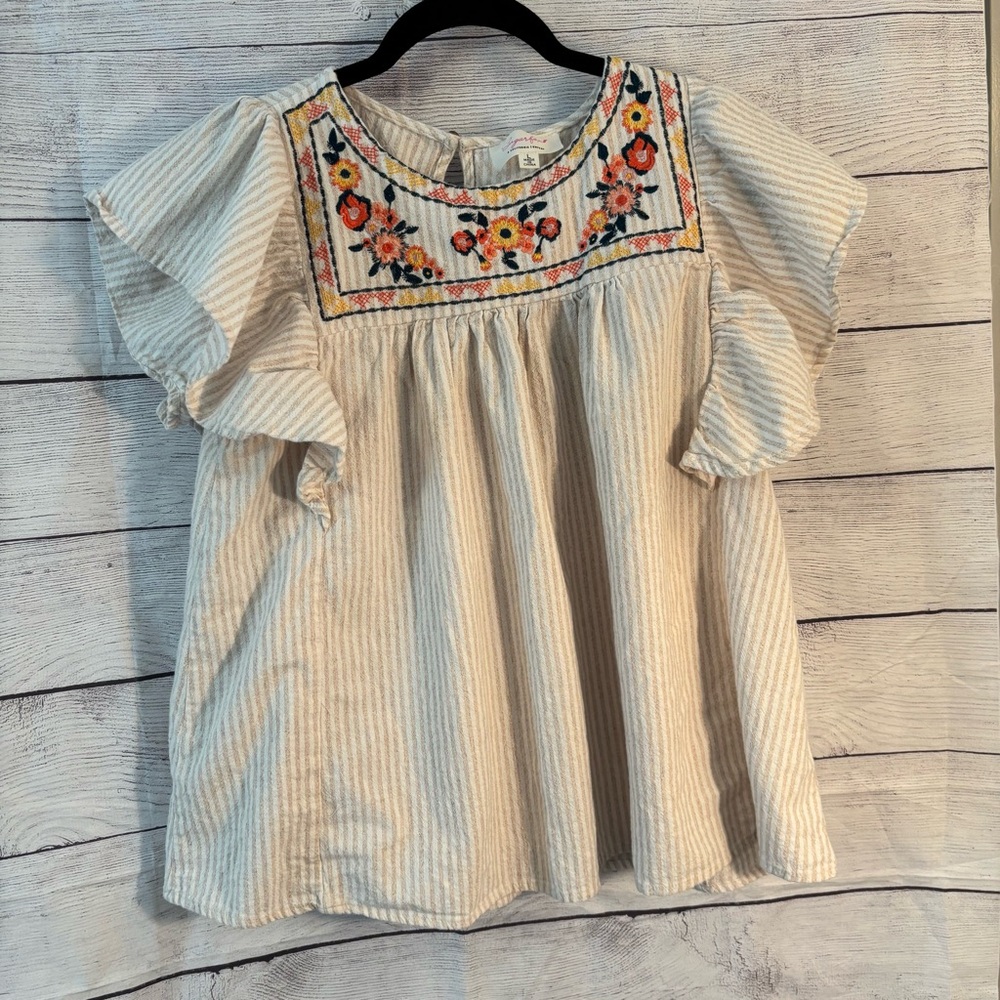 Striped Embroidered Blouse with Ruffle Sleeve